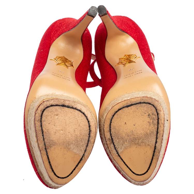 Pre Owned Charlotte Olympia Red Canvas Dolores Ankle Strap Platform Pumps Size 38