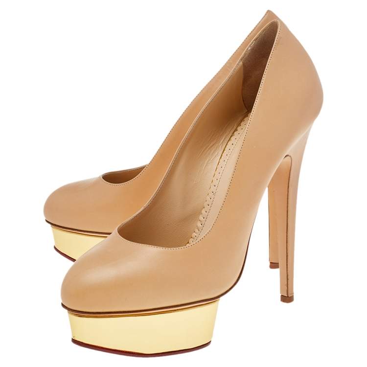 Pre Owned Charlotte Olympia Beige Leather Dolly Platform Pumps Size 40