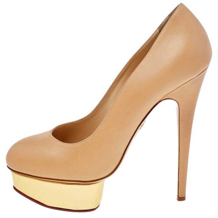 Pre Owned Charlotte Olympia Beige Leather Dolly Platform Pumps Size 40