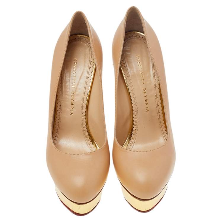 Pre Owned Charlotte Olympia Beige Leather Dolly Platform Pumps Size 40