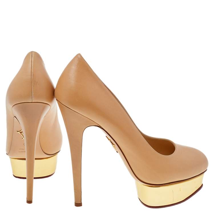 Pre Owned Charlotte Olympia Beige Leather Dolly Platform Pumps Size 40