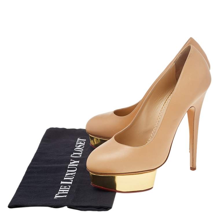Pre Owned Charlotte Olympia Beige Leather Dolly Platform Pumps Size 40
