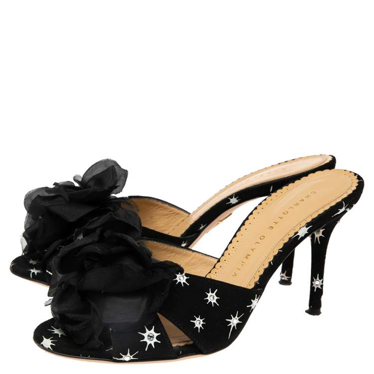 مملوكة مسبقًا Charlotte Olympia Black Suede Crystal Embellished Bow Sandals Size 37.5