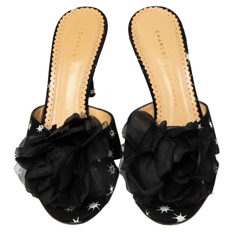 مملوكة مسبقًا Charlotte Olympia Black Suede Crystal Embellished Bow Sandals Size 37.5