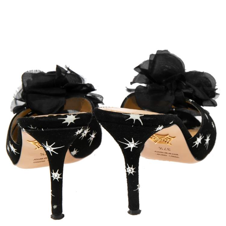 مملوكة مسبقًا Charlotte Olympia Black Suede Crystal Embellished Bow Sandals Size 37.5