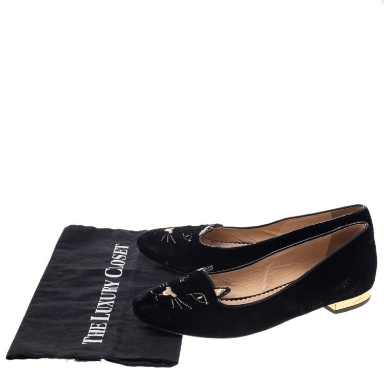 Pre Owned Charlotte Olympia Black Velvet Kitty Ballet Flats Size 39