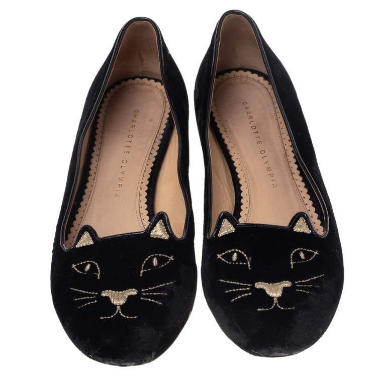 Pre Owned Charlotte Olympia Black Velvet Kitty Ballet Flats Size 39