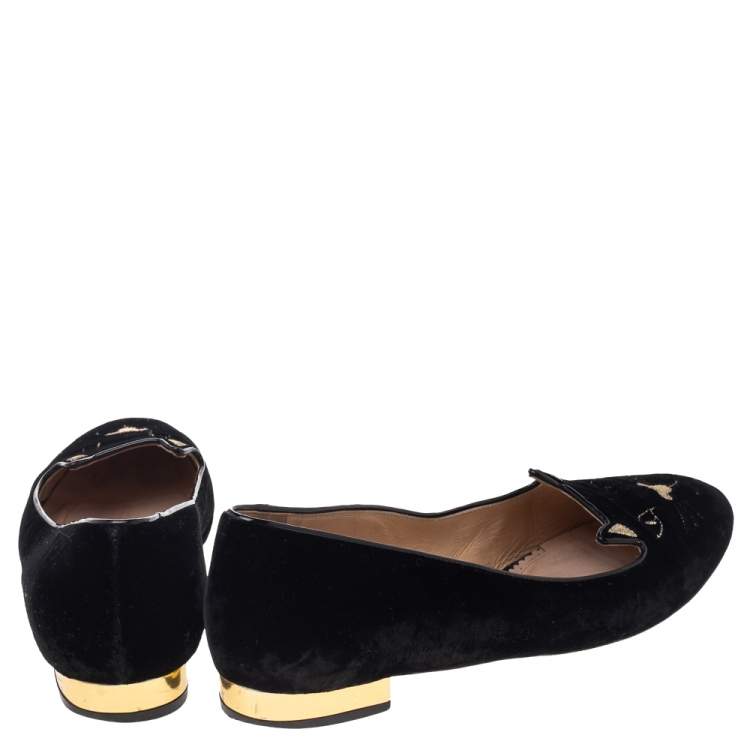Pre Owned Charlotte Olympia Black Velvet Kitty Ballet Flats Size 39