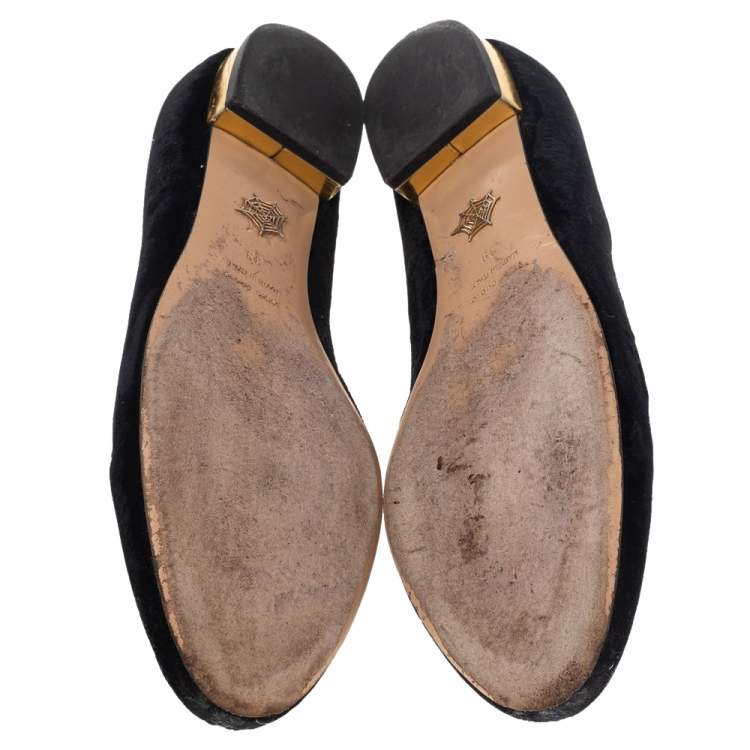 Pre Owned Charlotte Olympia Black Velvet Kitty Ballet Flats Size 39