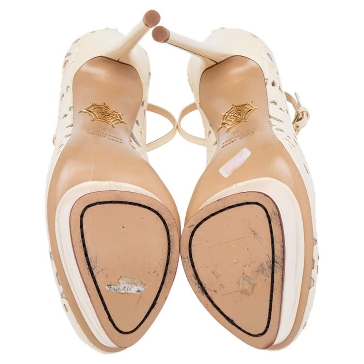 Pre Owned Charlotte Olympia Cream Cut Out Leather Ankle Strap Platform Pumps Size 36
