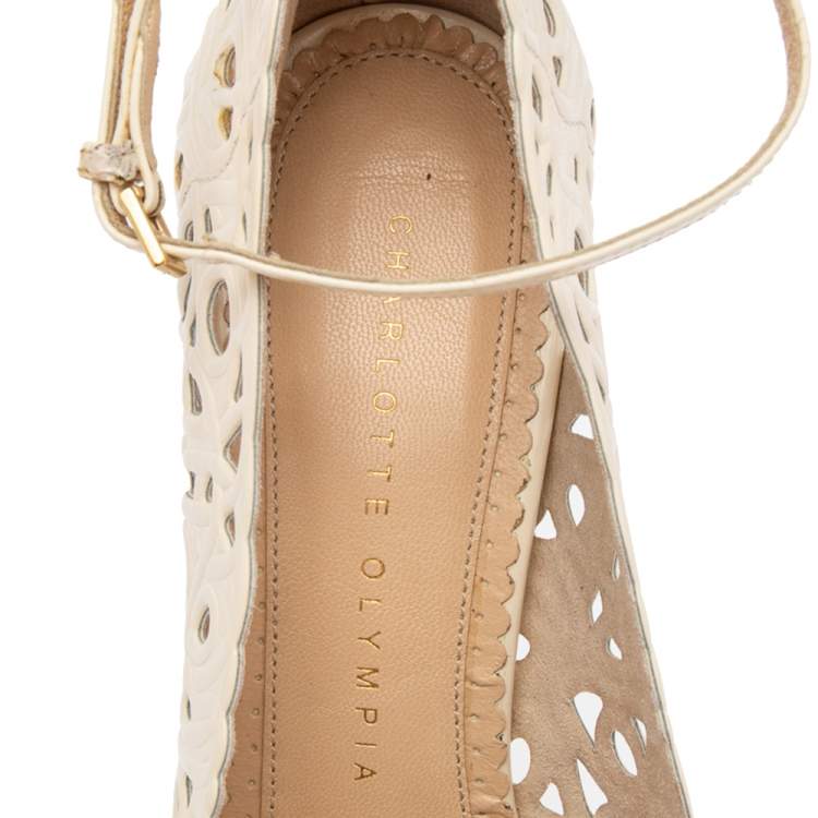 Pre Owned Charlotte Olympia Cream Cut Out Leather Ankle Strap Platform Pumps Size 36
