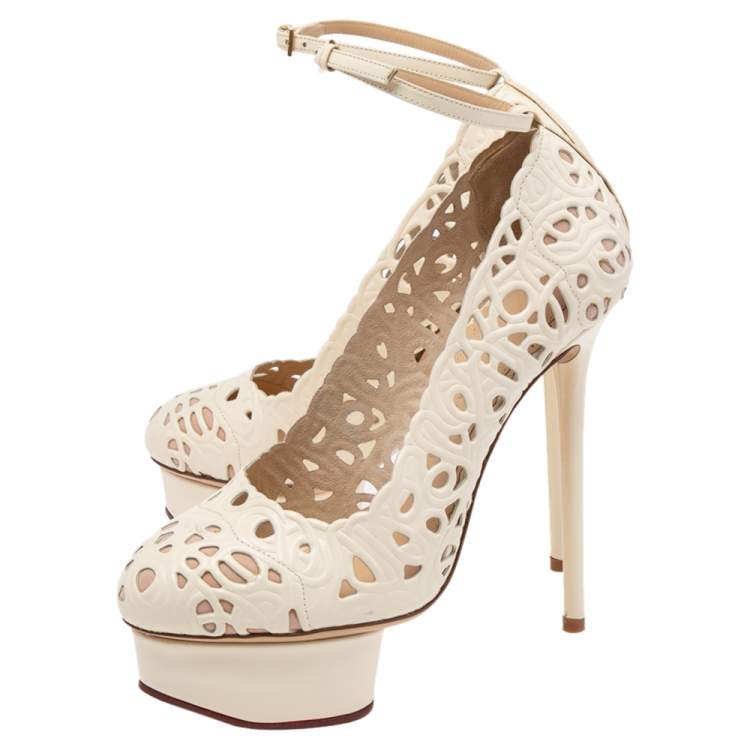 Pre Owned Charlotte Olympia Cream Cut Out Leather Ankle Strap Platform Pumps Size 36