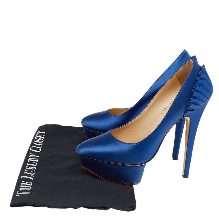 Pre Owned Charlotte Olympia Blue Satin Paloma Platform Pumps Size 35