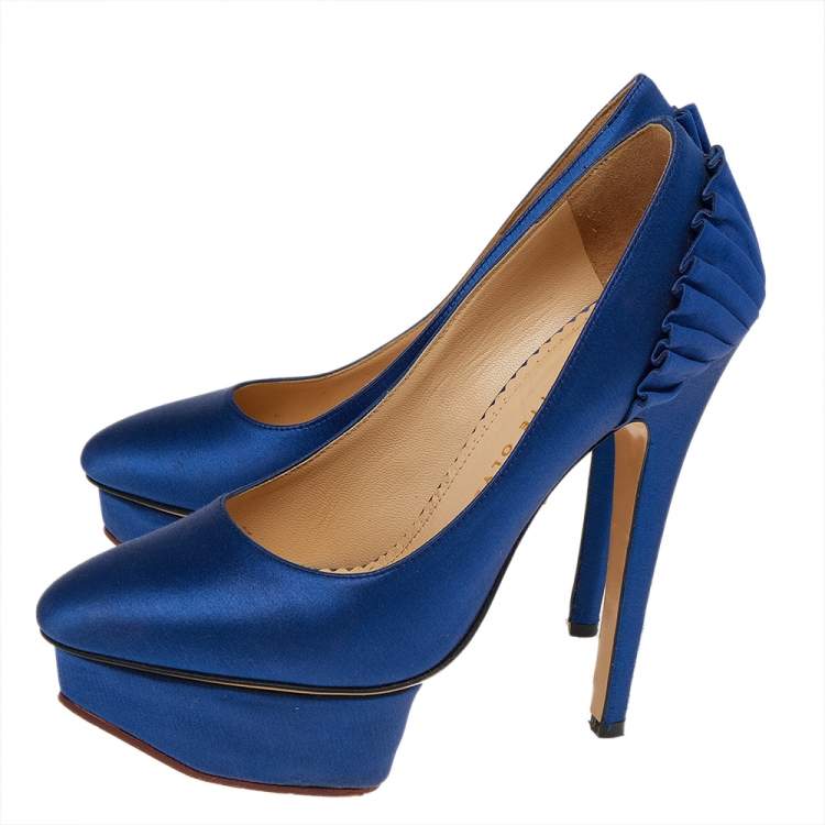 Pre Owned Charlotte Olympia Blue Satin Paloma Platform Pumps Size 35