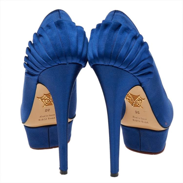 Pre Owned Charlotte Olympia Blue Satin Paloma Platform Pumps Size 35