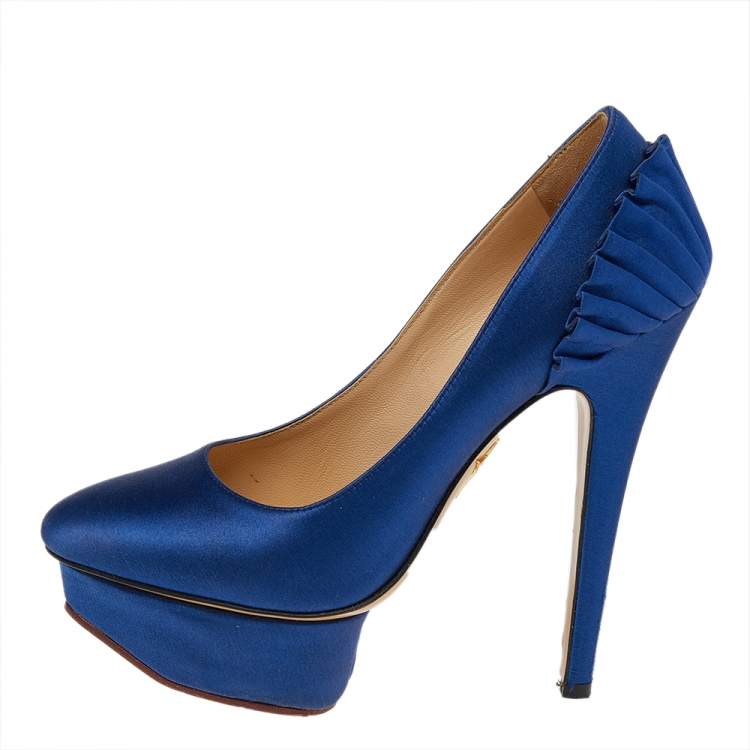 Pre Owned Charlotte Olympia Blue Satin Paloma Platform Pumps Size 35