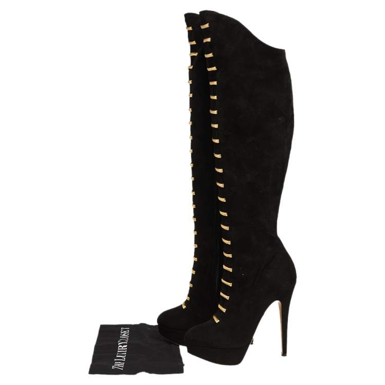 Pre Owned Charlotte Olympia Black Suede zipper Knee Length Boots Size 38