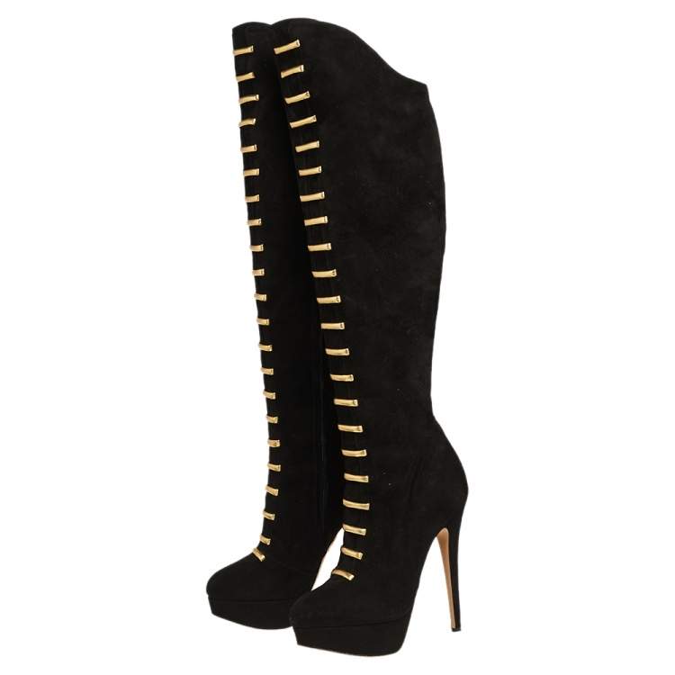 Pre Owned Charlotte Olympia Black Suede zipper Knee Length Boots Size 38