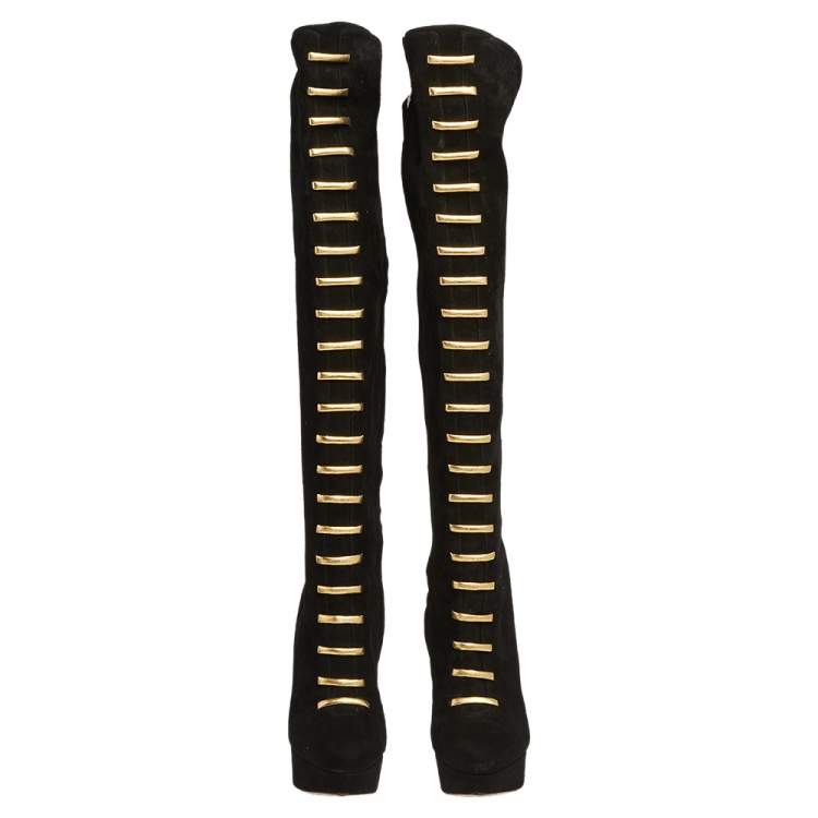 Pre Owned Charlotte Olympia Black Suede zipper Knee Length Boots Size 38