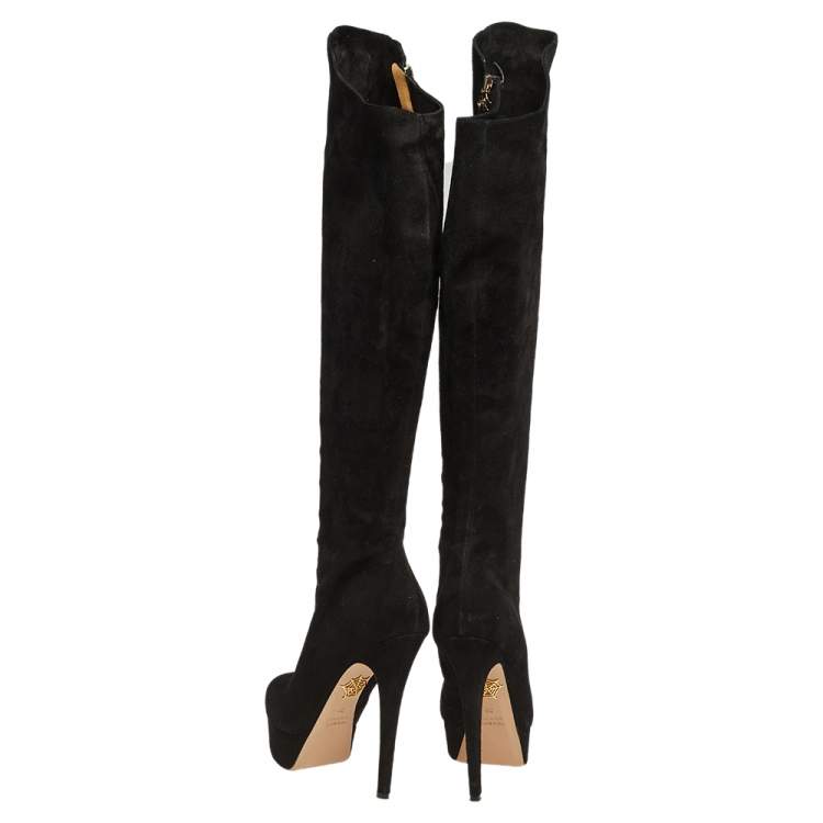 Pre Owned Charlotte Olympia Black Suede zipper Knee Length Boots Size 38