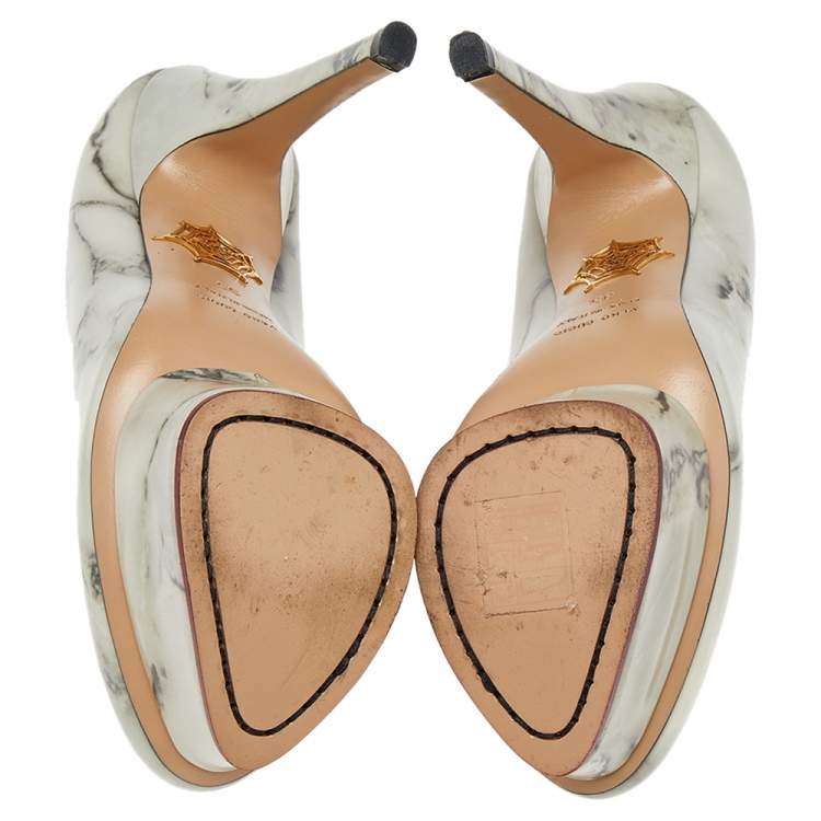 مملوكة مسبقًا Charlotte Olympia White/Grey Marble Print Leather Dolly Platform Pumps Size 35