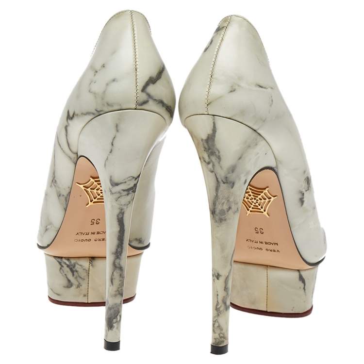 مملوكة مسبقًا Charlotte Olympia White/Grey Marble Print Leather Dolly Platform Pumps Size 35