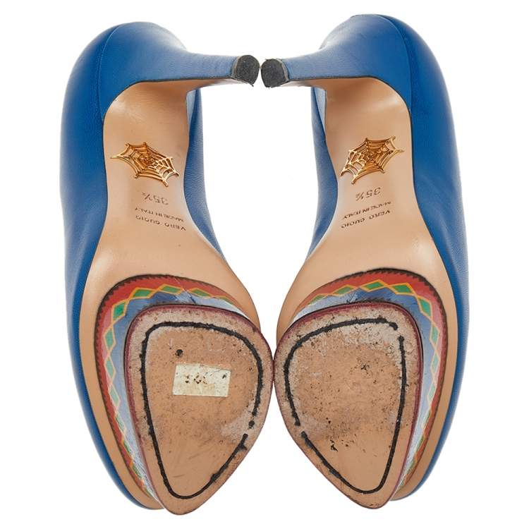 Pre Owned Charlotte Olympia Blue Leather Dolly Platform Pumps Size 35.5
