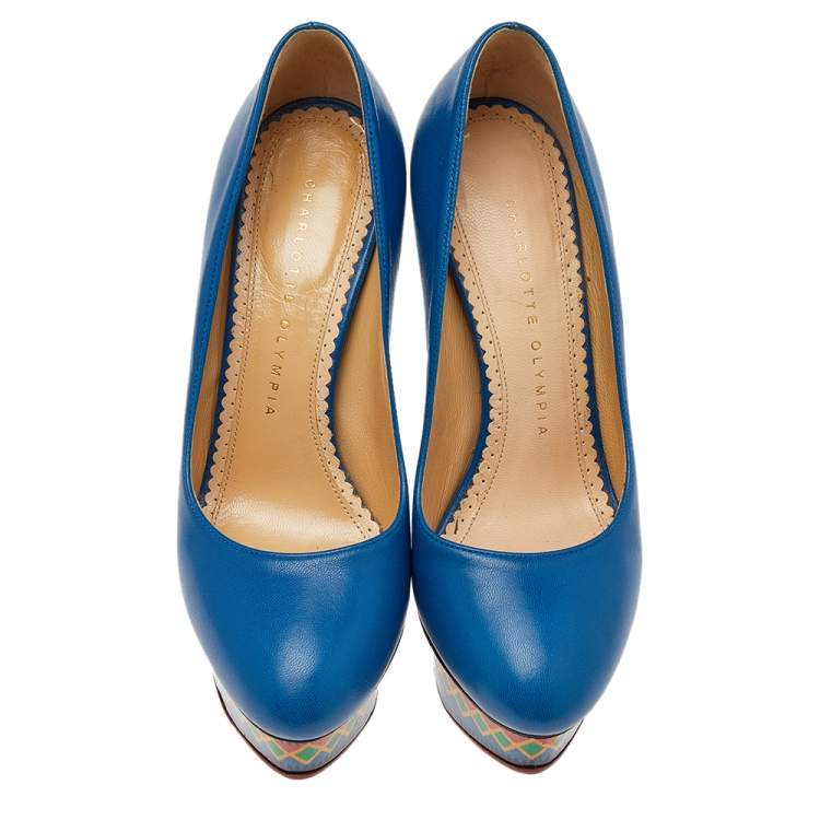 Pre Owned Charlotte Olympia Blue Leather Dolly Platform Pumps Size 35.5