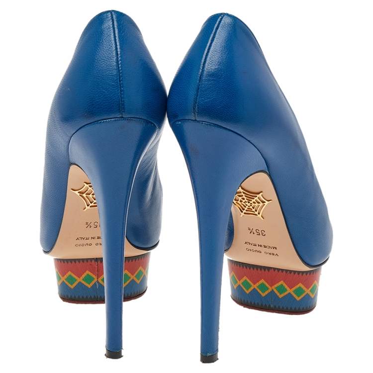 Pre Owned Charlotte Olympia Blue Leather Dolly Platform Pumps Size 35.5