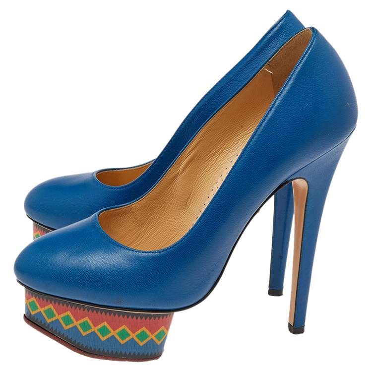 Pre Owned Charlotte Olympia Blue Leather Dolly Platform Pumps Size 35.5