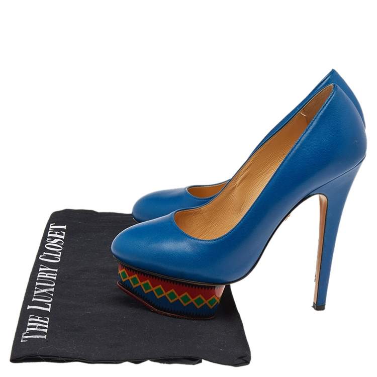 Pre Owned Charlotte Olympia Blue Leather Dolly Platform Pumps Size 35.5