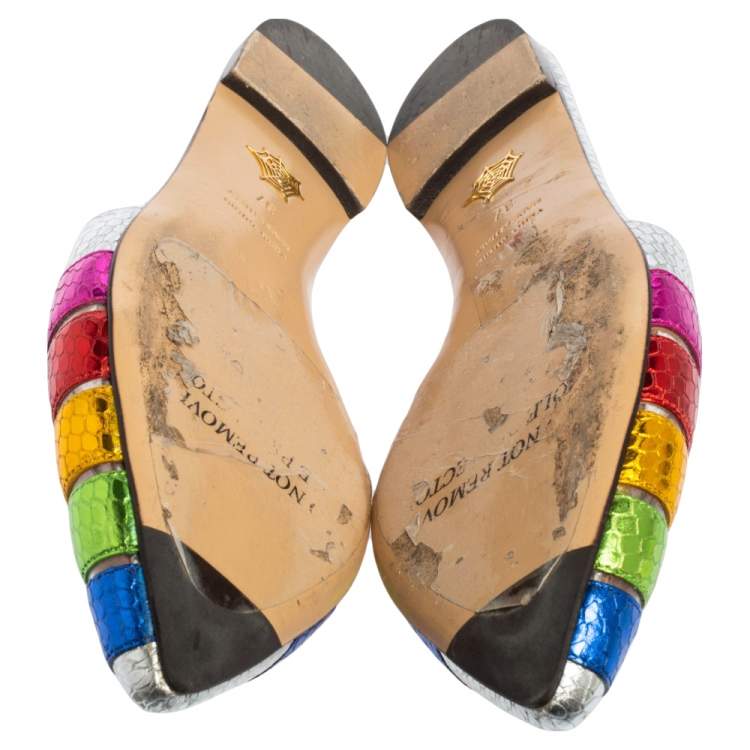 Pre Owned Charlotte Olympia Multicolor Python Embossed Leather Mule Sandals Size 37 