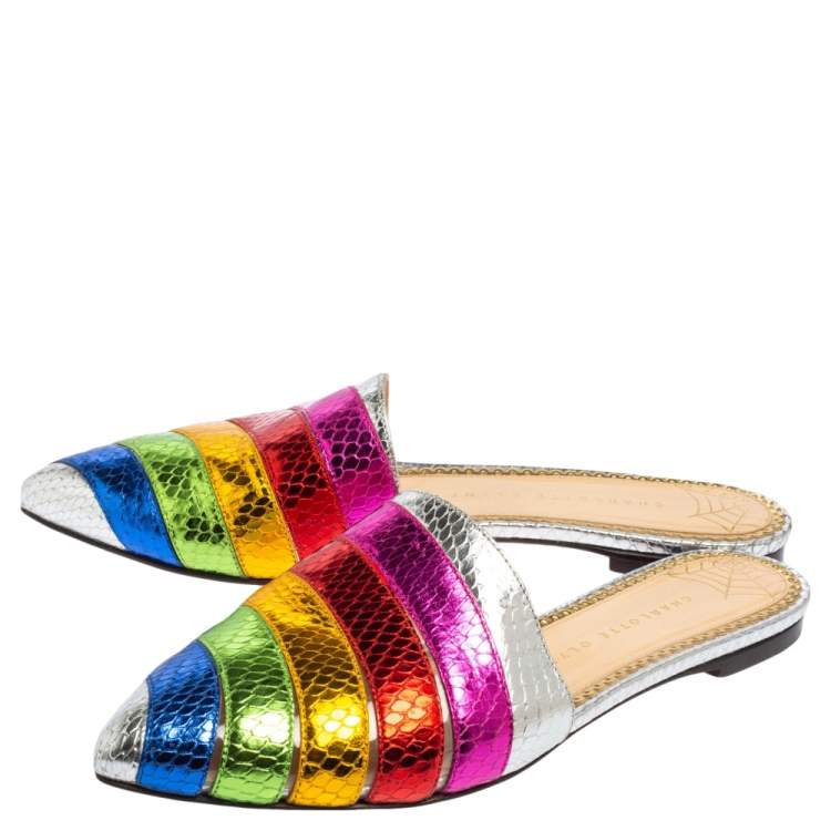 Pre Owned Charlotte Olympia Multicolor Python Embossed Leather Mule Sandals Size 37 