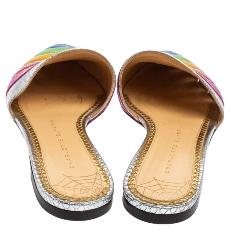 Pre Owned Charlotte Olympia Multicolor Python Embossed Leather Mule Sandals Size 37 