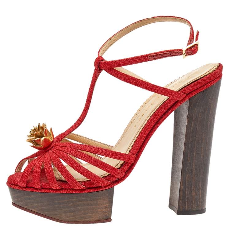 مملوكة مسبقًا Charlotte Olympia Red Fabric Strappy Ankle Strap Platform Sandals Size 39