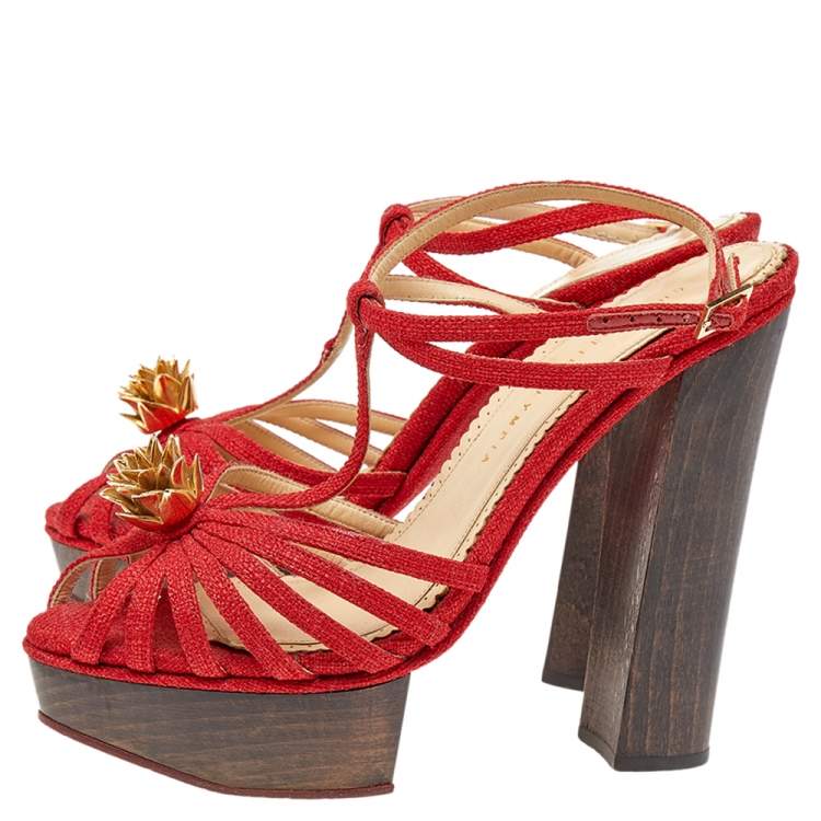 مملوكة مسبقًا Charlotte Olympia Red Fabric Strappy Ankle Strap Platform Sandals Size 39