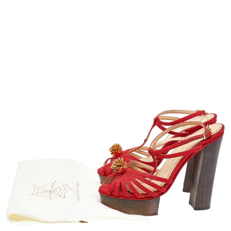 مملوكة مسبقًا Charlotte Olympia Red Fabric Strappy Ankle Strap Platform Sandals Size 39