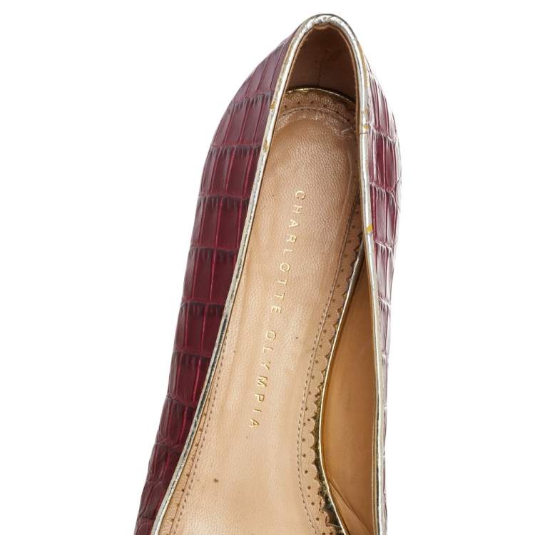 Pre Owned Charlotte Olympia Red Croc Embossed Leather Kitty Ballet Flats Size 39.5