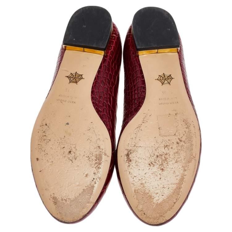 Pre Owned Charlotte Olympia Red Croc Embossed Leather Kitty Ballet Flats Size 39.5