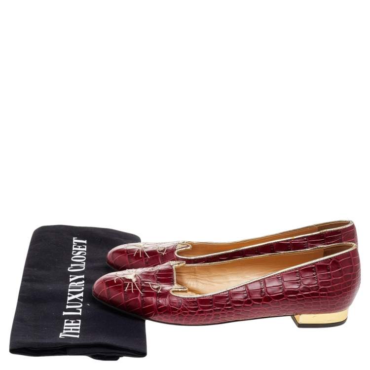 Pre Owned Charlotte Olympia Red Croc Embossed Leather Kitty Ballet Flats Size 39.5