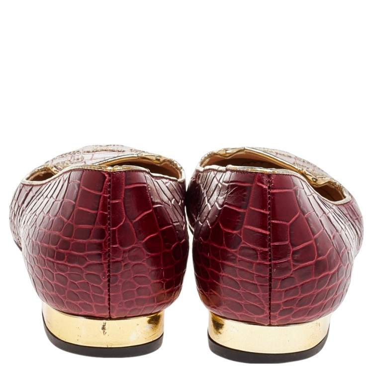 Pre Owned Charlotte Olympia Red Croc Embossed Leather Kitty Ballet Flats Size 39.5