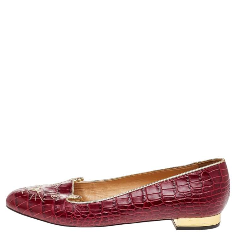 Pre Owned Charlotte Olympia Red Croc Embossed Leather Kitty Ballet Flats Size 39.5