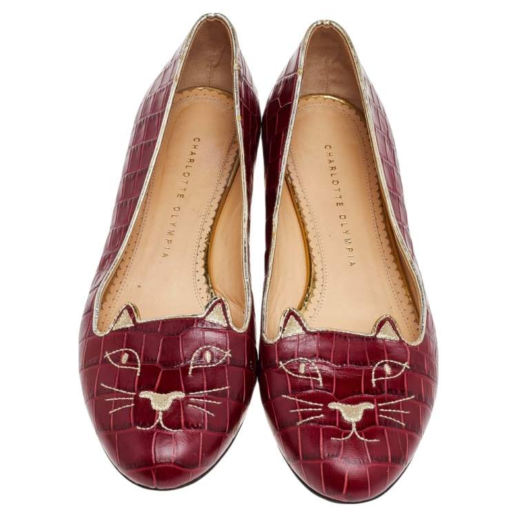 Pre Owned Charlotte Olympia Red Croc Embossed Leather Kitty Ballet Flats Size 39.5