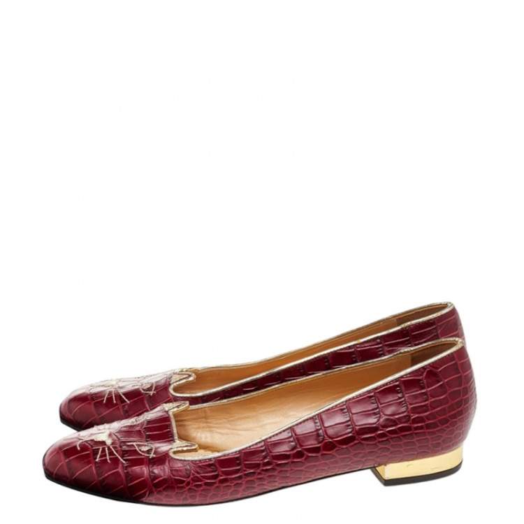 Pre Owned Charlotte Olympia Red Croc Embossed Leather Kitty Ballet Flats Size 39.5