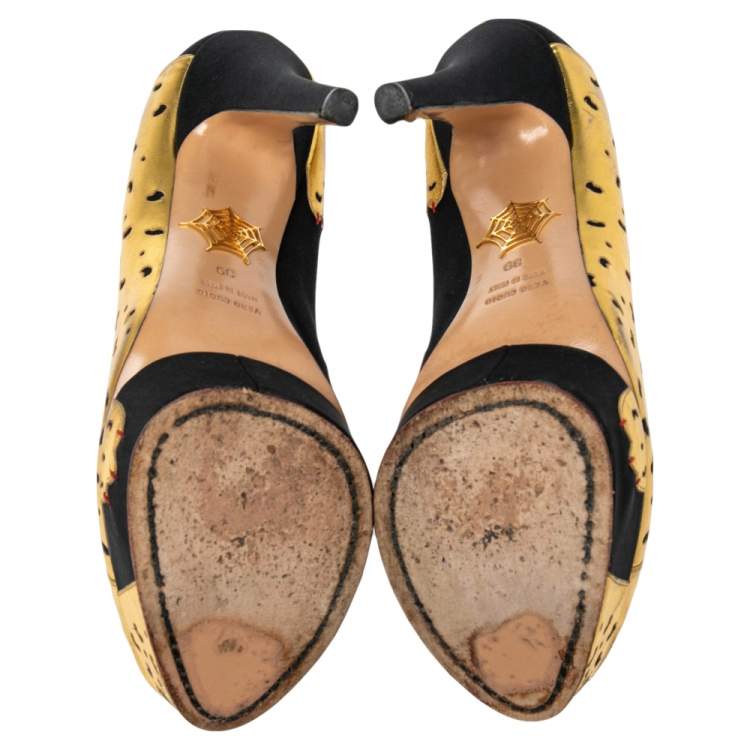 Pre Owned Charlotte Olympia Black/Gold Leather Ninivah Leopard Platform Pumps Size 39