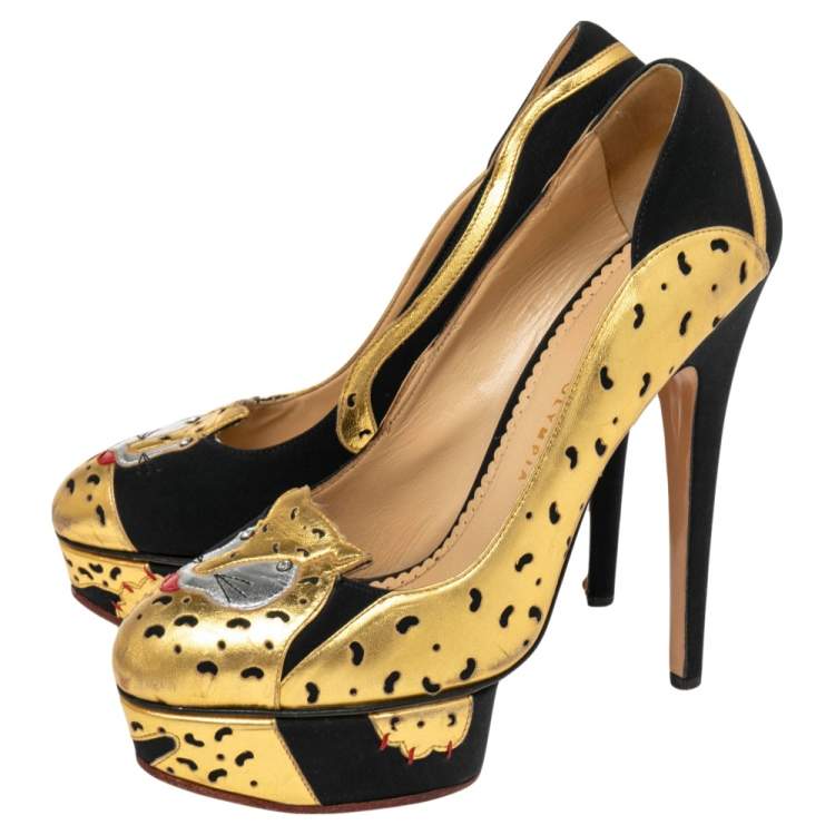 Pre Owned Charlotte Olympia Black/Gold Leather Ninivah Leopard Platform Pumps Size 39