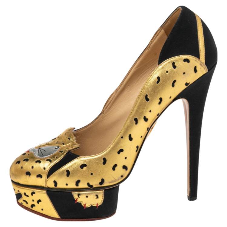 Pre Owned Charlotte Olympia Black/Gold Leather Ninivah Leopard Platform Pumps Size 39