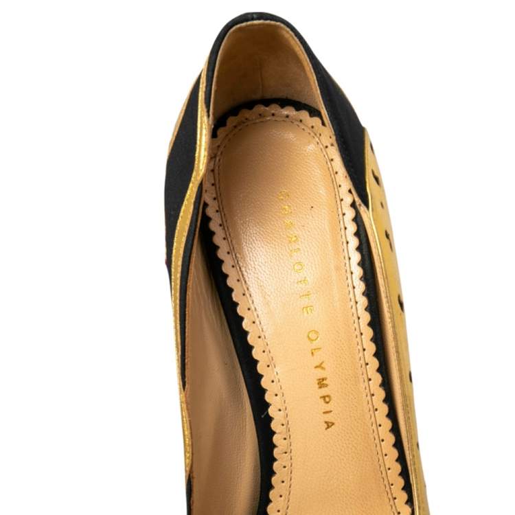 Pre Owned Charlotte Olympia Black/Gold Leather Ninivah Leopard Platform Pumps Size 39