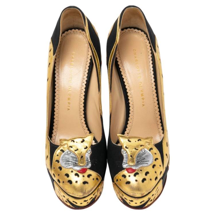 Pre Owned Charlotte Olympia Black/Gold Leather Ninivah Leopard Platform Pumps Size 39