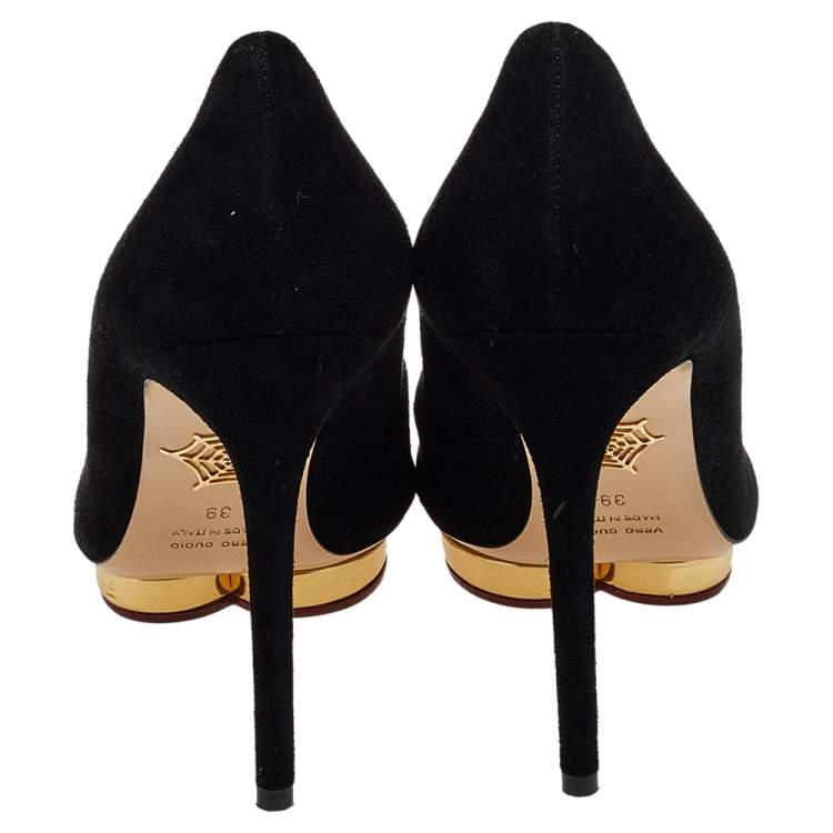 Pre Owned Charlotte Olympia Black Suede Dotty Pumps Size 39